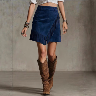 女士复古西部风流苏防麂皮绒半身裙 欧美新款 Tassel skirt2026春季