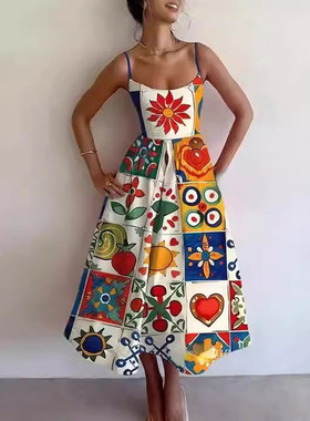 Strap Dress2025夏季新款欧美女时尚印花褶皱收腰大摆吊带连衣裙