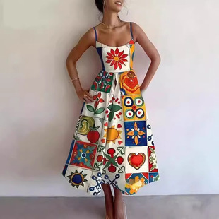 欧美女时尚 新款 印花褶皱收腰大摆吊带连衣裙 Dress2025夏季 Strap
