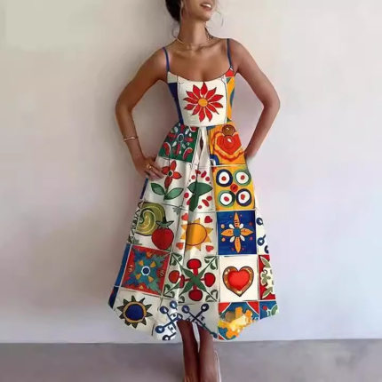 Strap Dress2026夏季新款欧美女时尚印花褶皱收腰大摆吊带连衣裙