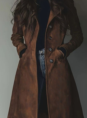 Long coat jacket欧美女舒适休闲双排扣大衣修身收腰长款大衣外套