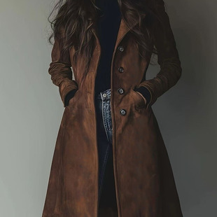 收腰长款 jacket欧美女舒适休闲双排扣大衣修身 大衣外套 coat Long