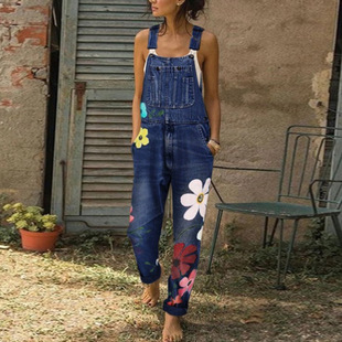 Printed denim overalls跨境女水洗印花牛仔裤无弹长裤直筒背带裤