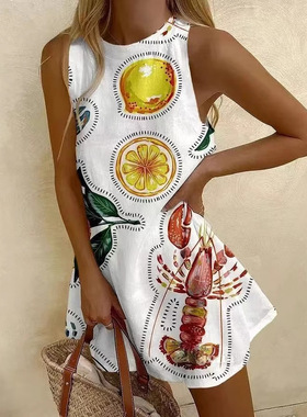 Casual long shirt2025夏新款圆领无袖女装海洋元素休闲长款衬衫