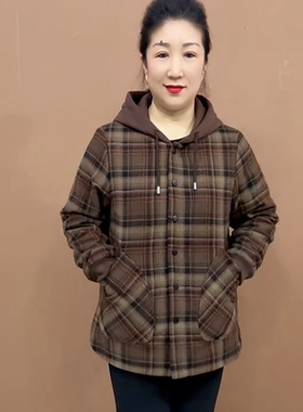 妈妈春装新款格子大兜拼色帽款时尚外套女休闲百搭中老年女装