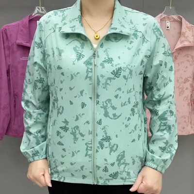 时尚纯色树叶印花翻领轻薄防晒衣宽松显瘦上衣简约百搭中老年女装