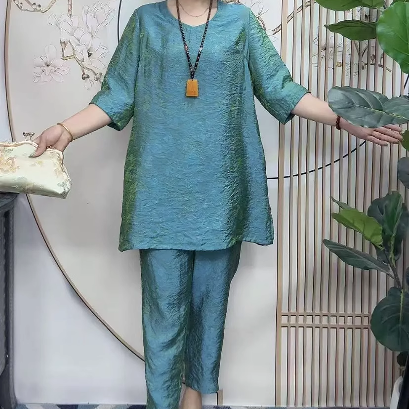 爆款珠光变色V领中长上衣裤子两件套宽松遮肉时尚年轻妈妈夏套装