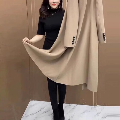 春秋款纯色中长款大翻领风衣外套女秋季遮肉显瘦时尚休闲百搭女装