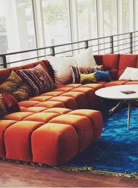 意式别墅大平层落地转角多人组合橙色沙发外贸酒店展厅懒人沙发