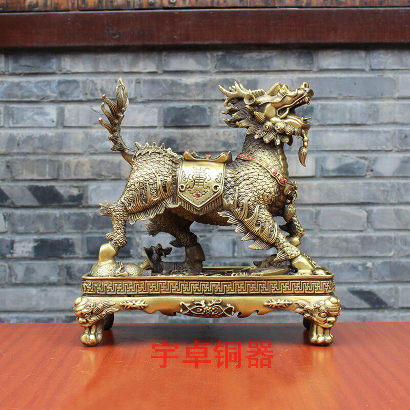 宇卓铜器纯铜麒麟黄铜麒麟 吉祥八宝站姿麒麟家居工艺品桌面摆件