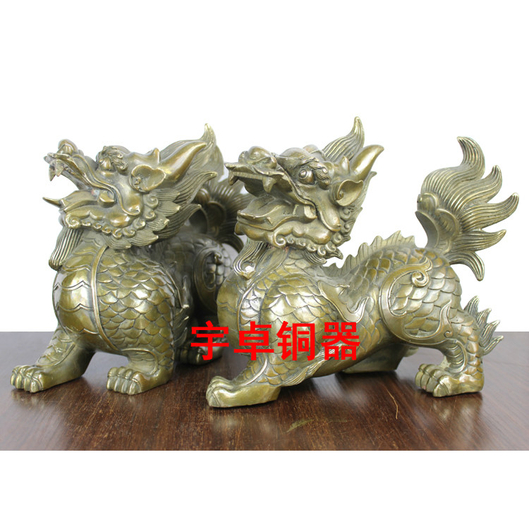 宇卓铜器 纯铜麒麟一对财麒麟 四脚着地麒麟家居装饰办公室摆件