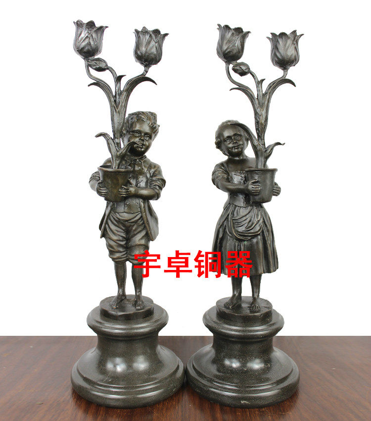 宇卓铜器 纯铜蜡台   欧式工艺家居装饰 童男童女抱花盆烛台摆件