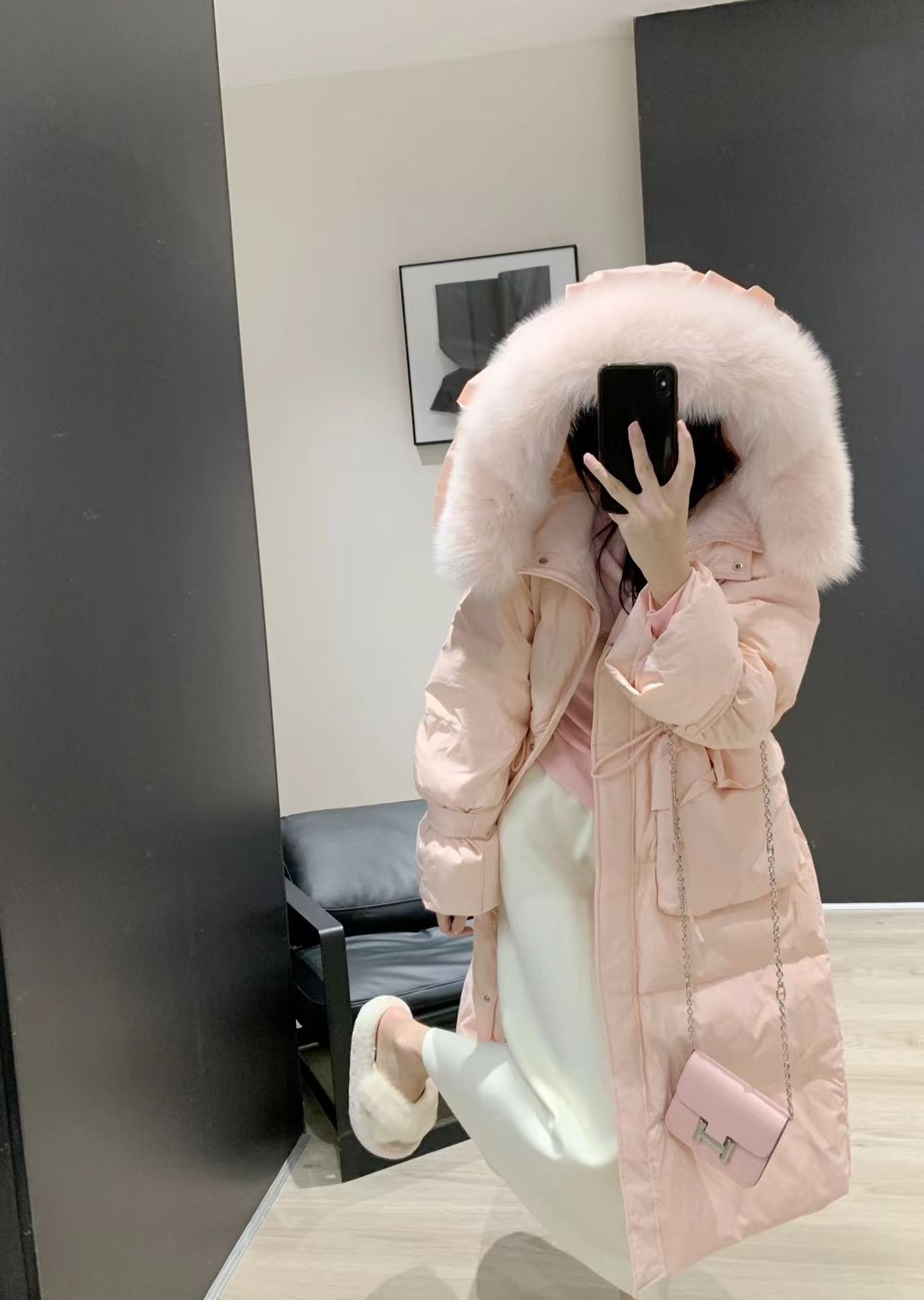 羽绒服女中长款过膝加厚大毛领白鸭绒时尚保暖外套潮荷叶边2024冬