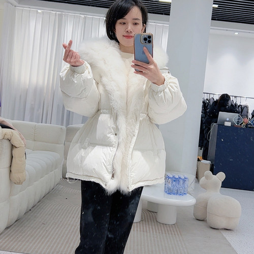 狐狸毛中长羽绒服白鸭绒欧韩连帽