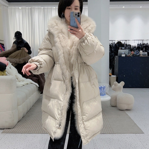 狐狸毛中长款羽绒服白鸭绒连帽