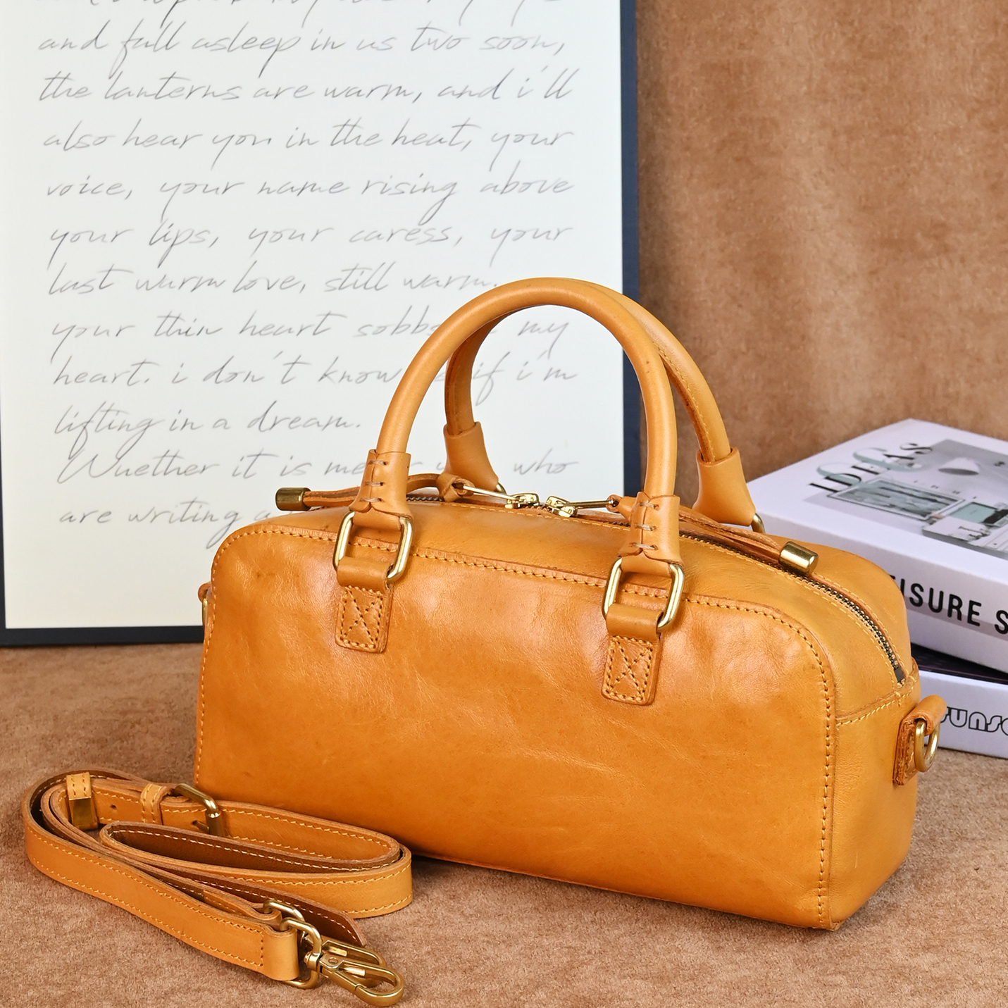 头层植鞣牛皮手提小方包单肩斜跨