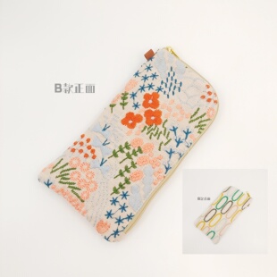 手作原创AB面重工刺绣棉麻布艺口红包手机包眼镜包小物件功能小包