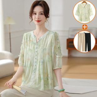 时尚 2026夏季 妈妈装 T恤中袖 上衣服洋气套装 中老年女装 新款 雪纺衫