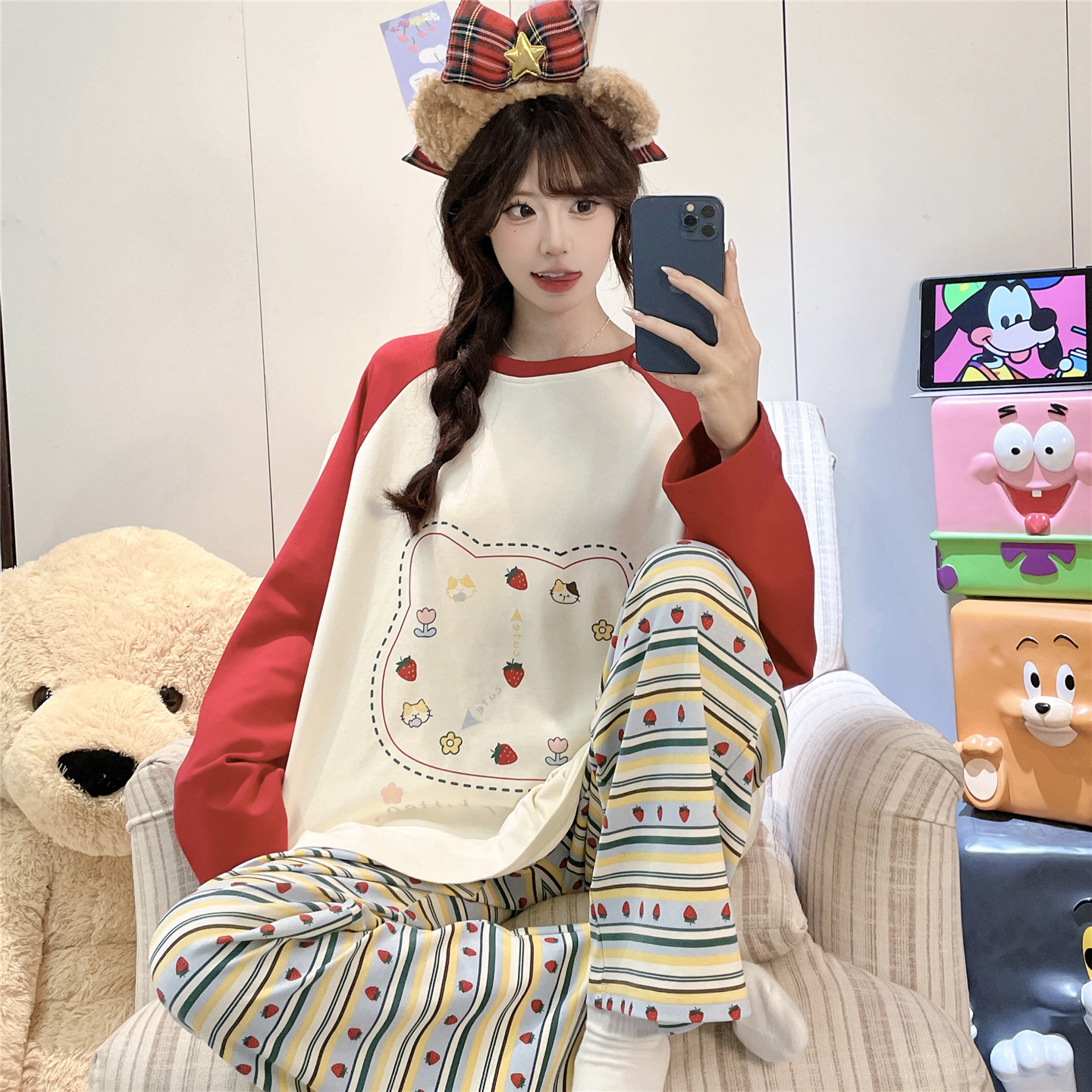 少女睡衣春秋季长袖纯棉全棉大童女孩高中学生可爱卡通家居服套装