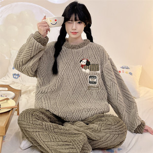 睡衣女款秋冬季珊瑚绒法兰绒大童女孩学生休闲风家居服套装12岁15