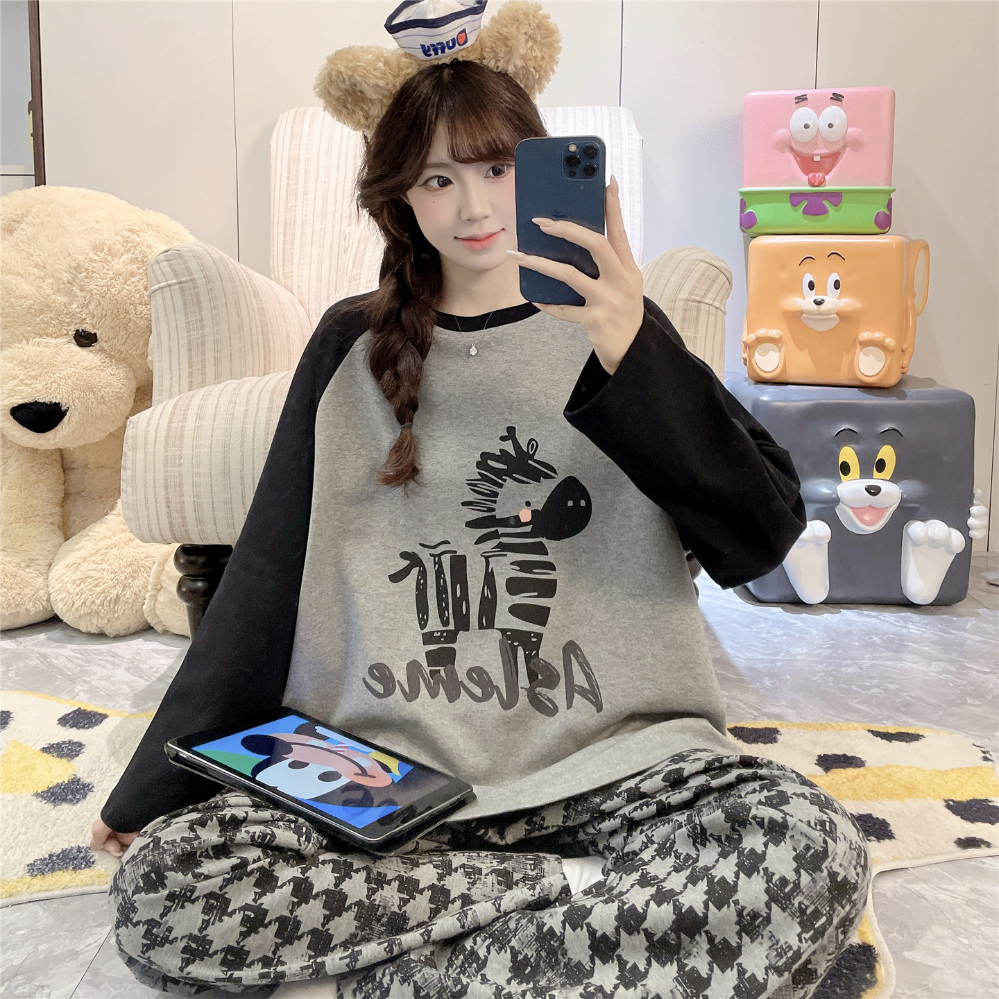 女士睡衣春秋季长袖纯棉卡通青少年初中高中学生加大码家居服套装