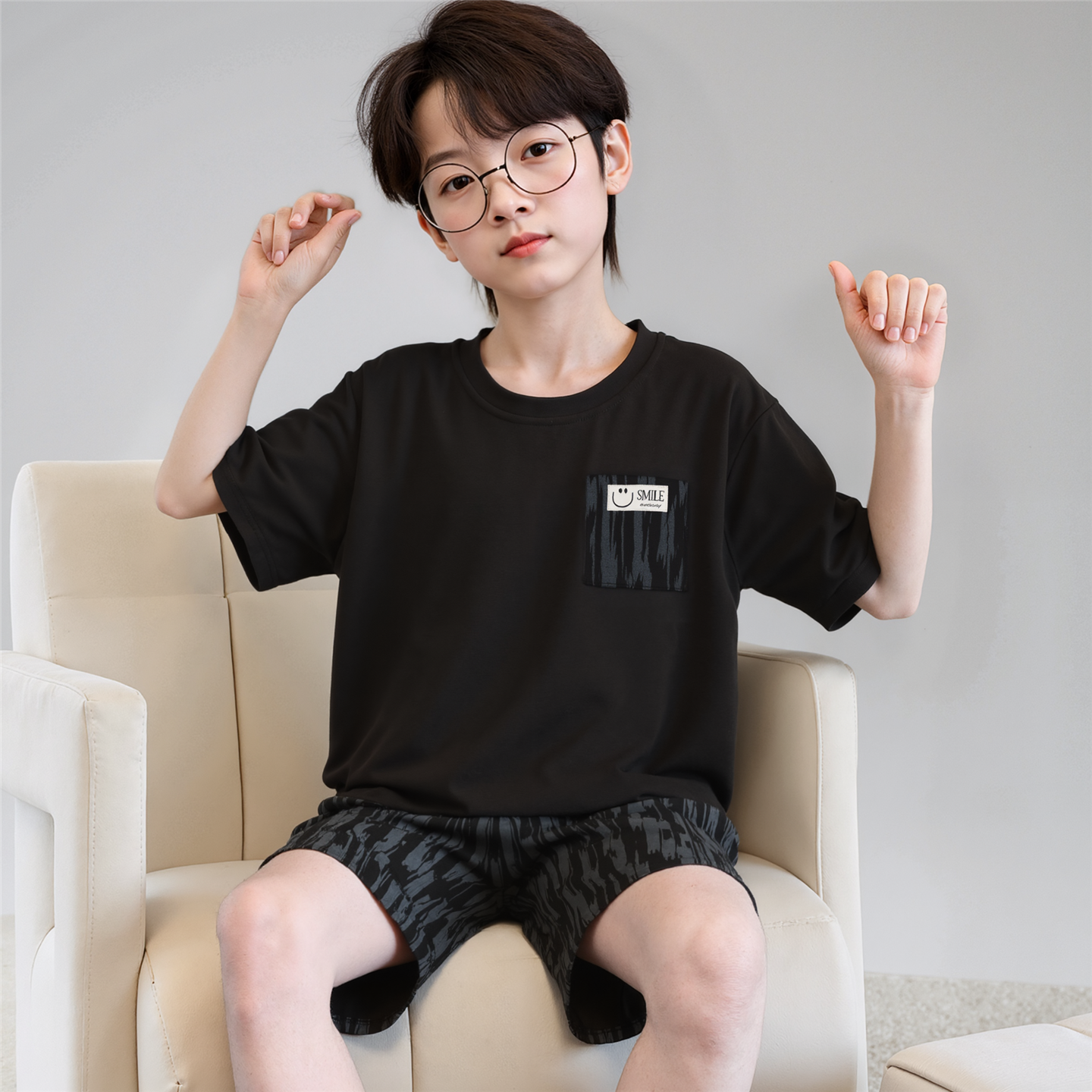 儿童睡衣男童夏季薄款短袖纯棉男孩中大童学生韩版简约家居服套装