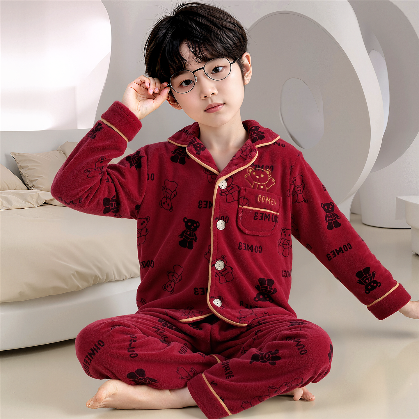 儿童法兰绒睡衣秋冬季珊瑚绒男童中大童小孩宝宝大红色家居服套装