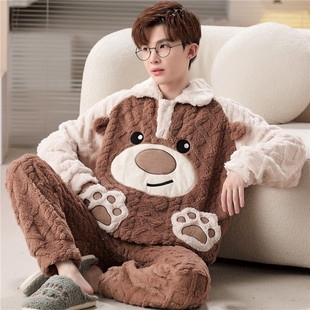 大童睡衣男孩秋冬季珊瑚绒男款青少年学生法兰绒加厚款家居服套装
