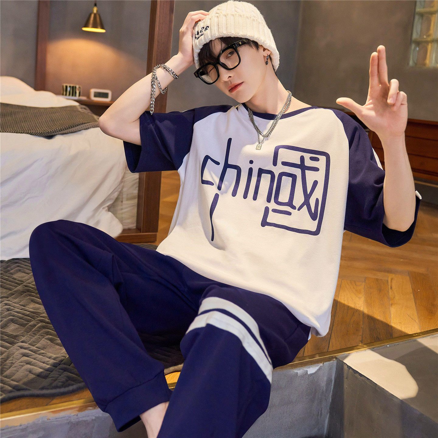 大童睡衣男孩夏季薄纯棉短袖长裤青少年学生大码可外穿家居服套装