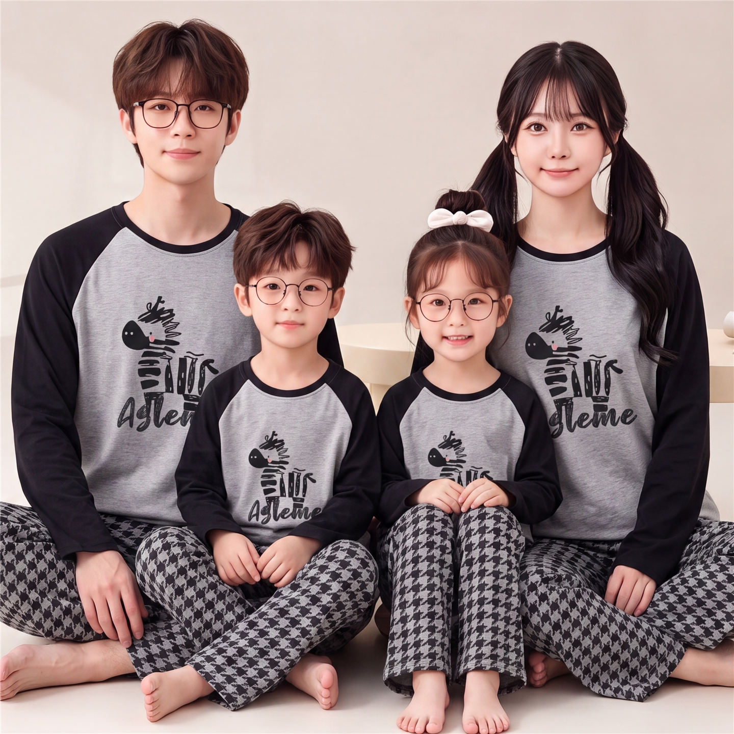 亲子睡衣家庭套装春秋季长袖纯棉卡通儿童中大童青少年学生家居服