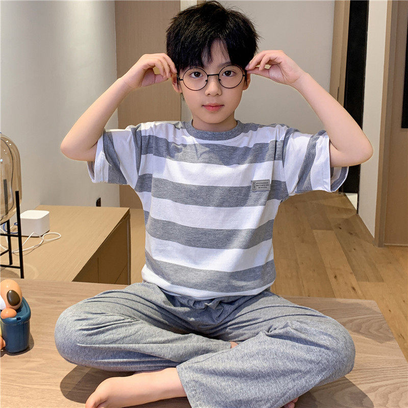 青少年睡衣男孩12岁纯棉短袖长裤15初中学生男童中大童夏天空调服
