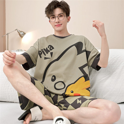 睡衣男生夏季薄款短袖纯棉大码宽松青少年学生加肥加大家居服套装