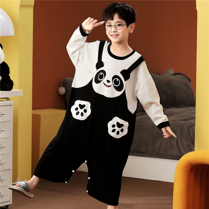 CHILDRENS ONE-PIECE PAJAMAS SPRING AND AUTUMN LONG-SLEEVED COTTON GIRLS SLEEPING BAGS BOYS BABIES MIDDLE AND LARGE CHILDRENS KICK-PROOF ANTI-COLD