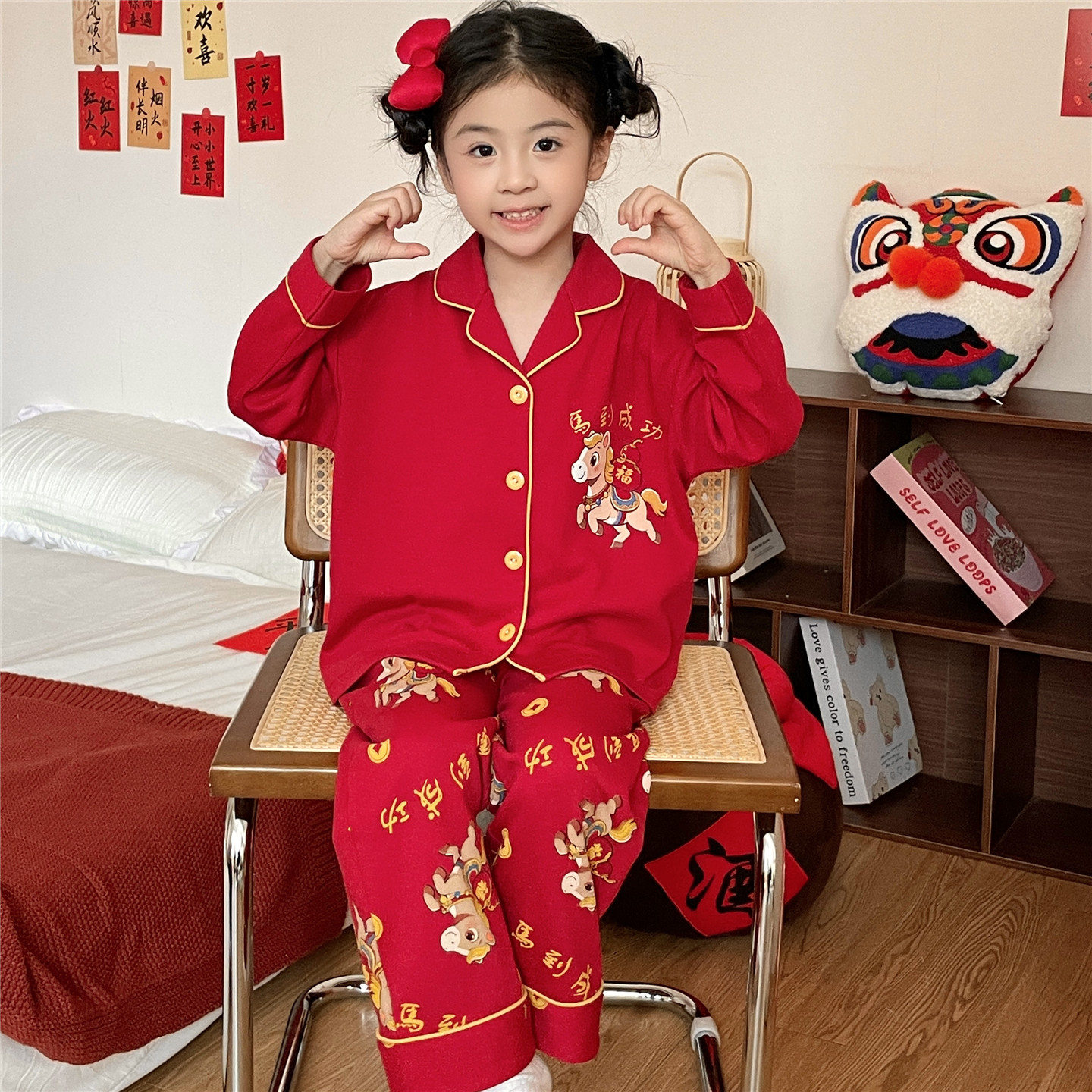 2026新款女童睡衣春季纯棉长袖儿童中大童女孩红色喜庆家居服套装
