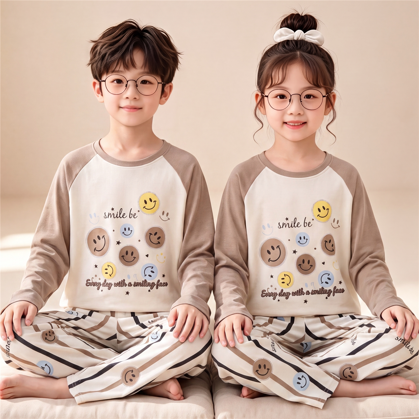 儿童睡衣男生秋季长袖纯棉女童中大童小孩宝宝韩版简约家居服套装