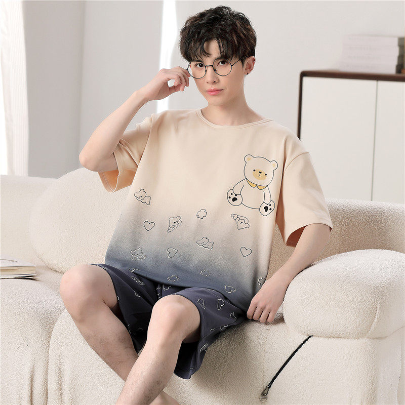 纯棉男士睡衣2026夏季新款青少年学生家居服短袖短裤大码男款套装