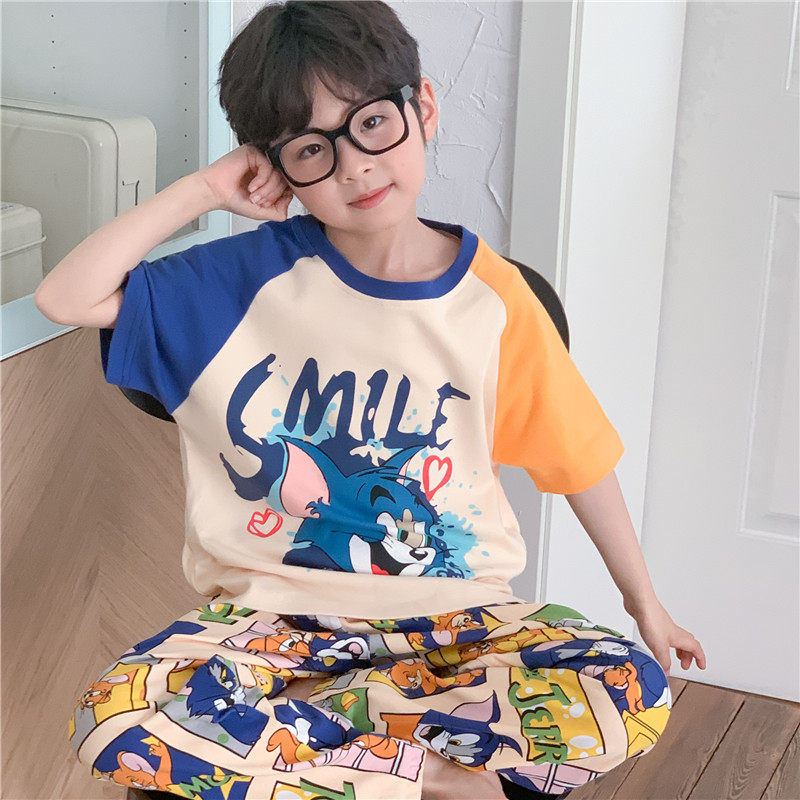 儿童睡衣男童夏季薄款纯棉短袖长裤男孩中大童卡通全棉家居服套装