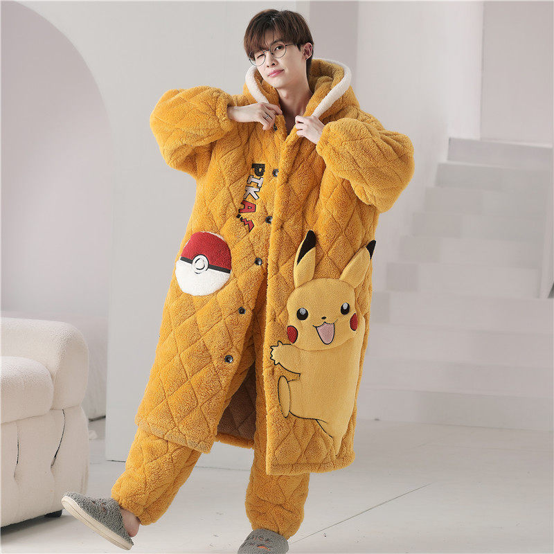 青少年睡衣男秋冬季珊瑚绒初中学生男孩法兰绒加厚款三层夹棉睡袍