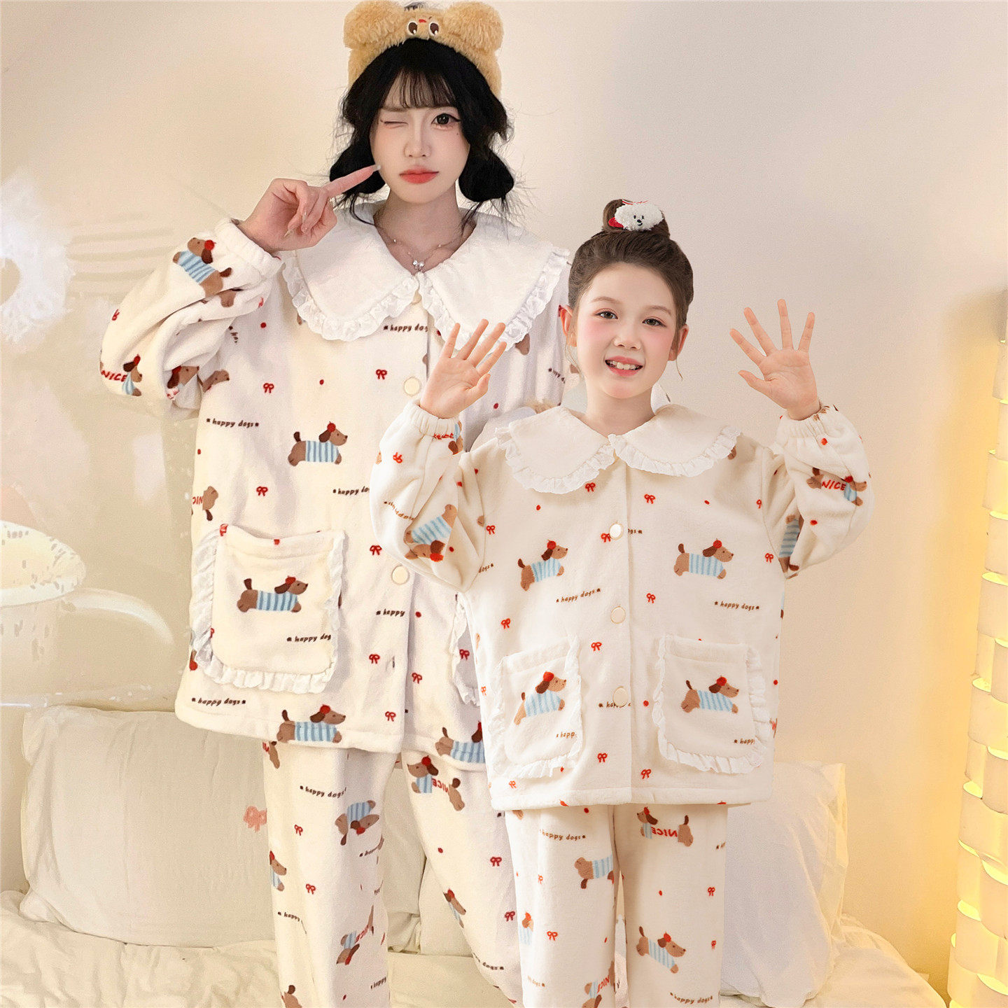 亲子睡衣母女秋冬季珊瑚绒儿童大童女孩高中学生法兰绒家居服套装
