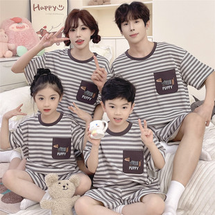 亲子睡衣一家三口夏季薄款短袖纯棉儿童中大童条纹简约家居服套装