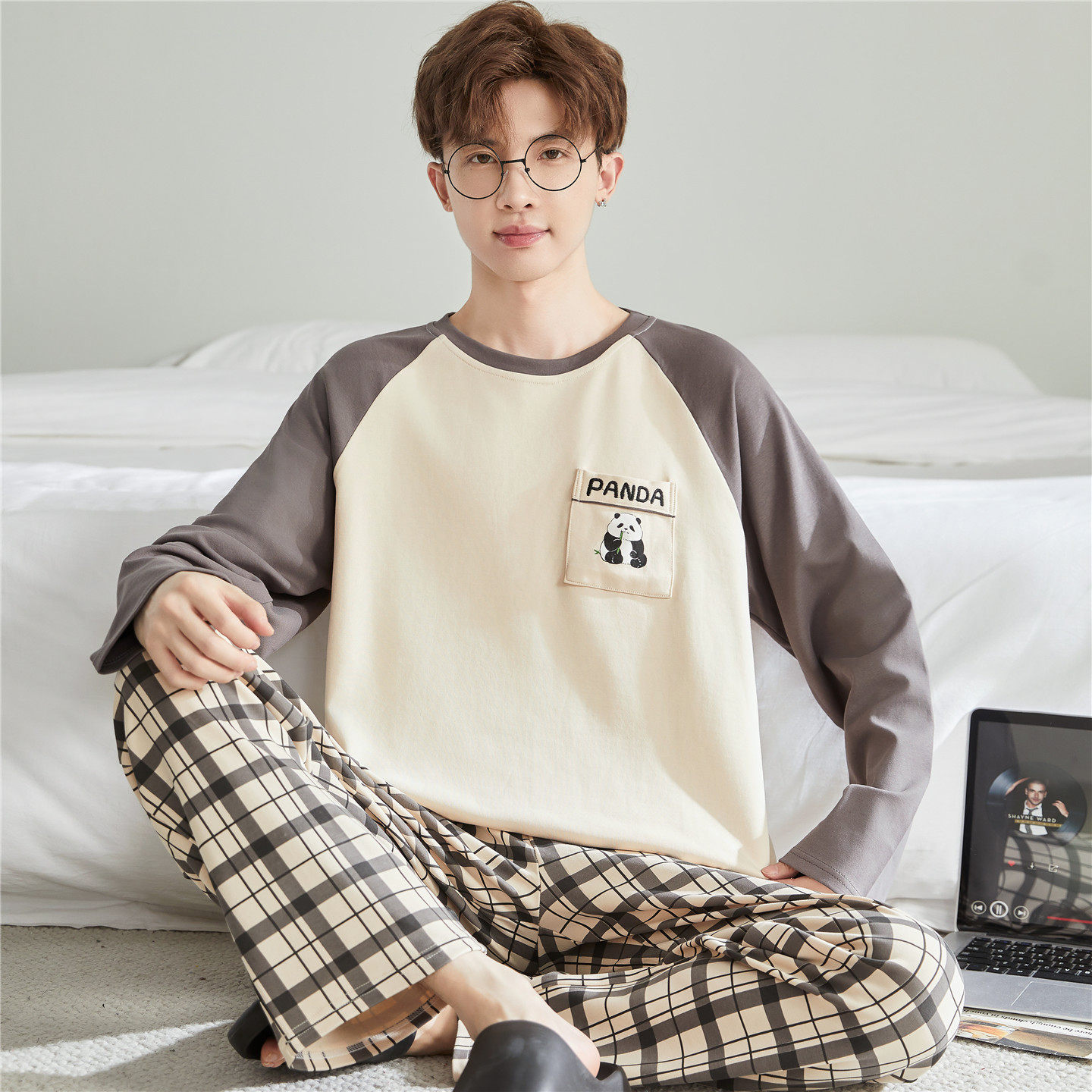 男士睡衣秋季薄款纯棉长袖男款青少年高中学生全棉卡通家居服套装