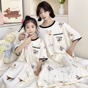 亲子睡衣夏季薄款纯棉短袖儿童睡裙女孩中大童母女装可外穿家居服