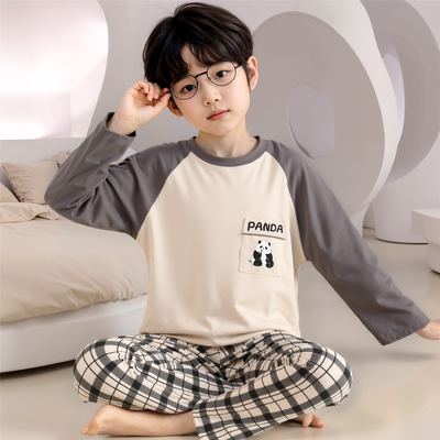 儿童睡衣男童春秋季长袖纯棉男孩子中大童小孩宝宝熊猫家居服套装