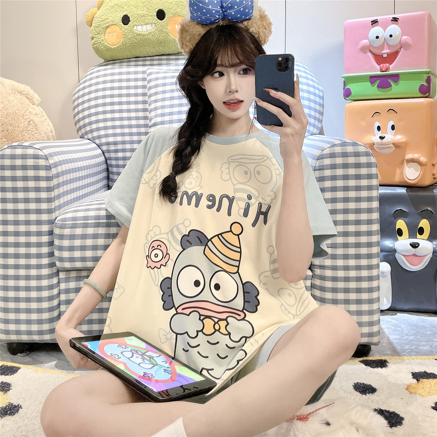 女孩中大童睡衣夏季薄款短袖纯棉初中高中学生少女胖mm家居服套装