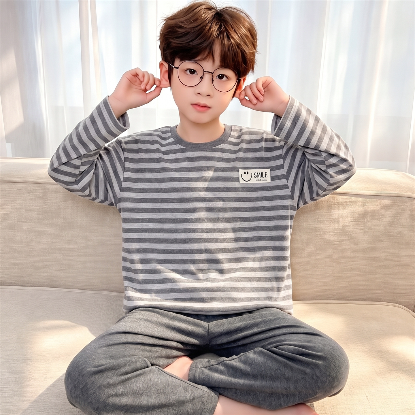 儿童睡衣男童春秋季纯棉长袖男孩中大童青少年全棉条纹家居服套装