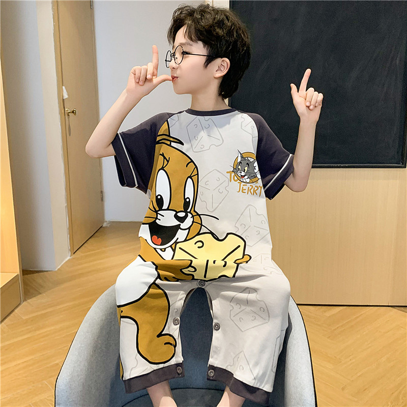 儿童连体睡衣短袖纯棉男童夏季宝宝防踢小孩中大童男生宽松家居服