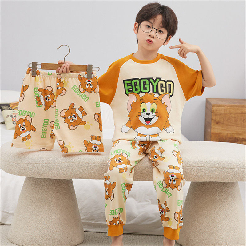 儿童睡衣男童夏季薄款纯棉短袖长裤中大童男孩宝宝全棉卡通家居服