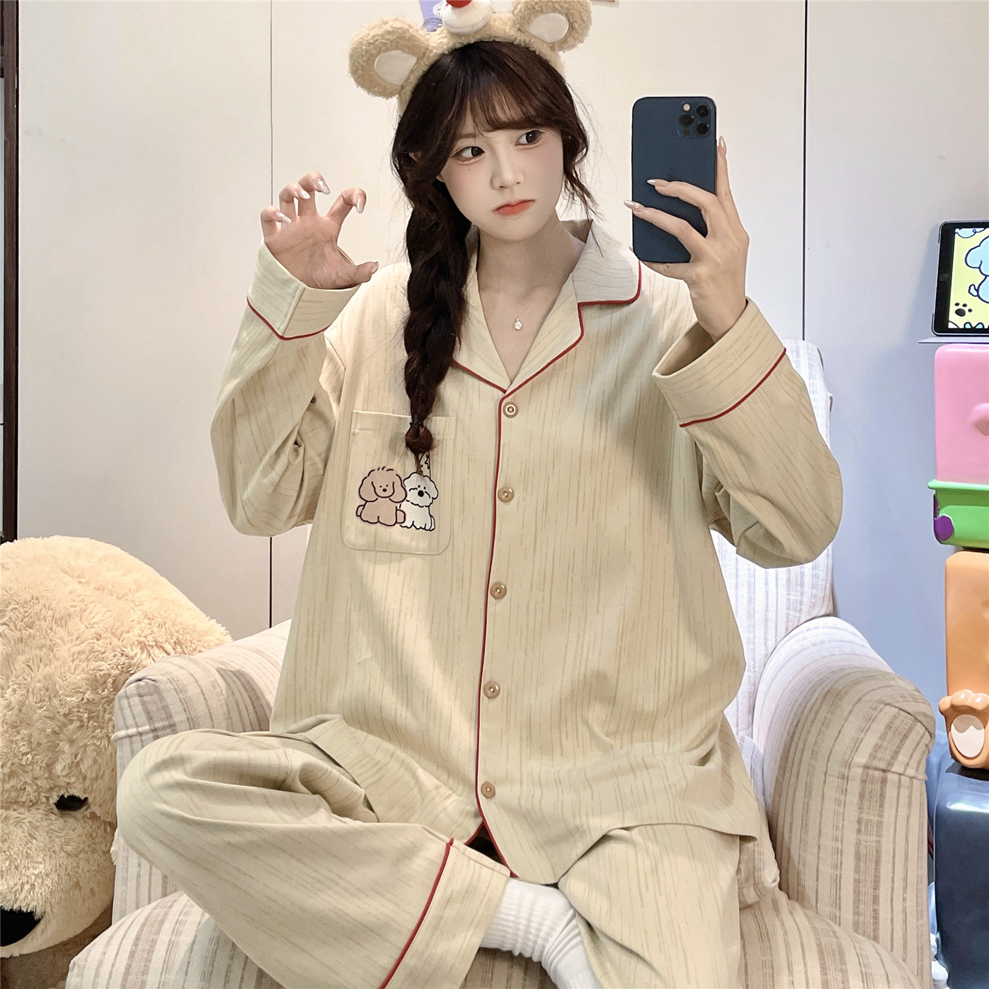 大童睡衣女孩春秋夏季长袖纯棉初中高中学生10-12-15岁女生家居服
