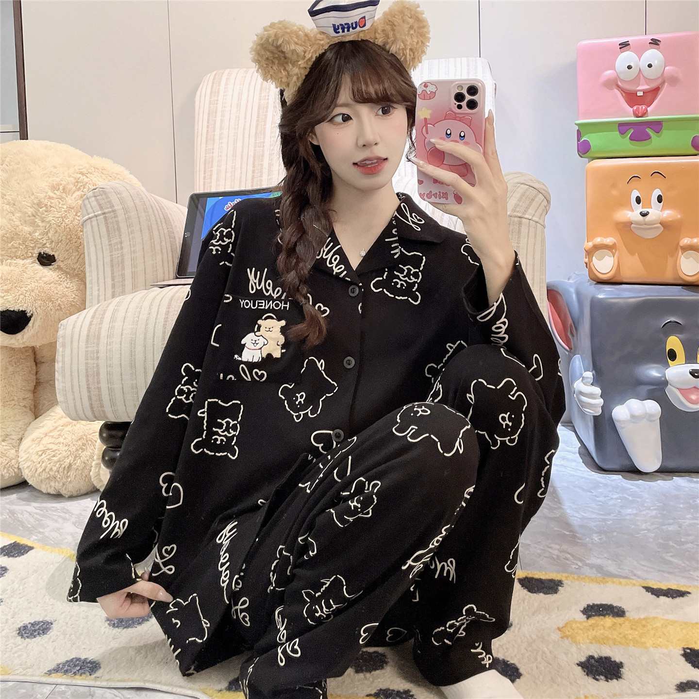 女孩中大童睡衣春秋季长袖纯棉初中高中学生加肥加大码家居服套装