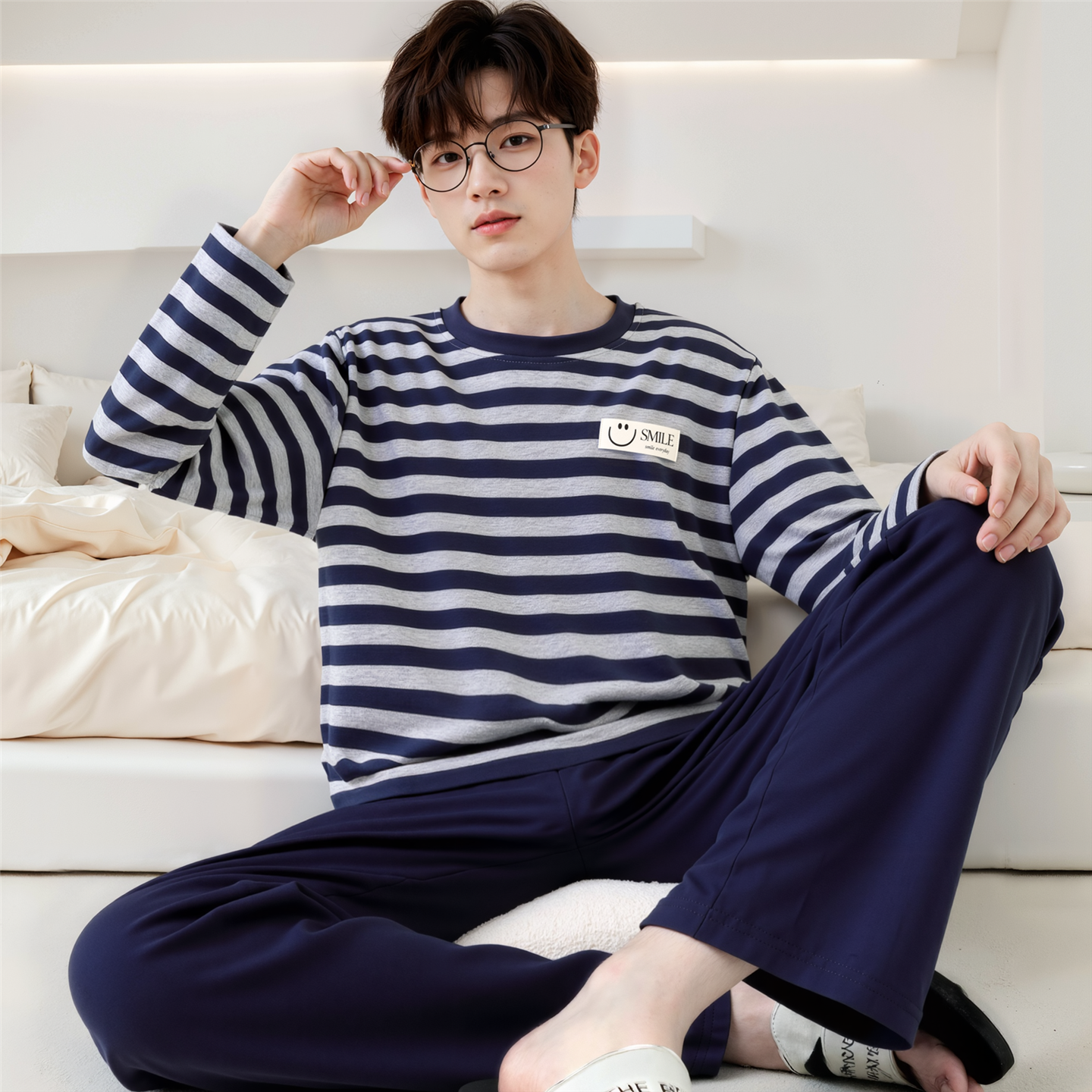 睡衣男生春秋季长袖纯棉大童男孩学生12-13-15岁条纹青少年家居服